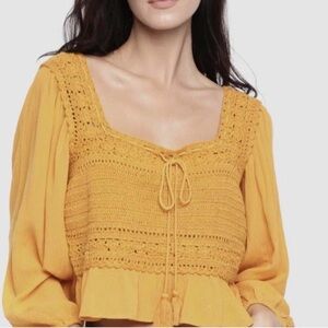 Muster yellow crocheted top; peplum style bottom square neck; loose sleeves